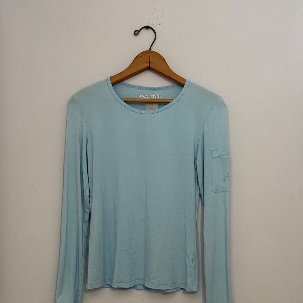 Anatomie Light Blue Long Sleeve Crewneck Top Athleisure Quiet Luxury Cozy Travel